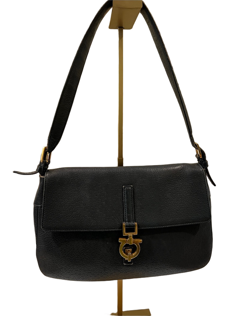 Salvatore Ferragamo Black Leather Shoulder Bag with Gold Hardware
